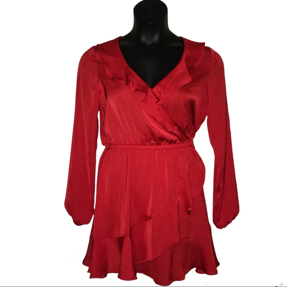 NWT Express Red Ruffle Long Sleeve Faux Wrap Dress